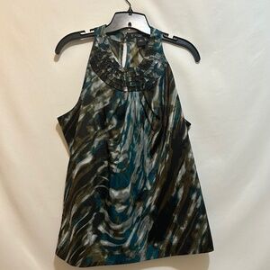 Ann Taylor Women's Green/Black/Brown Sleeveless Blouse with Ruffles Size LP